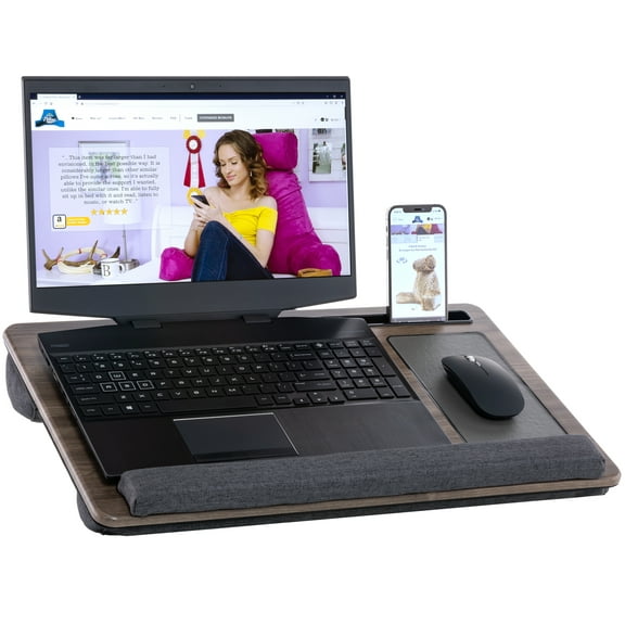 Husband Pillow - Bed Tray Desk, Adjustable Hard Wood PVC Desktop Lap Desk, Portable Laptop Table Stand Foldable Laptop Tray for Sofa Couch Floor (Large, Gray)