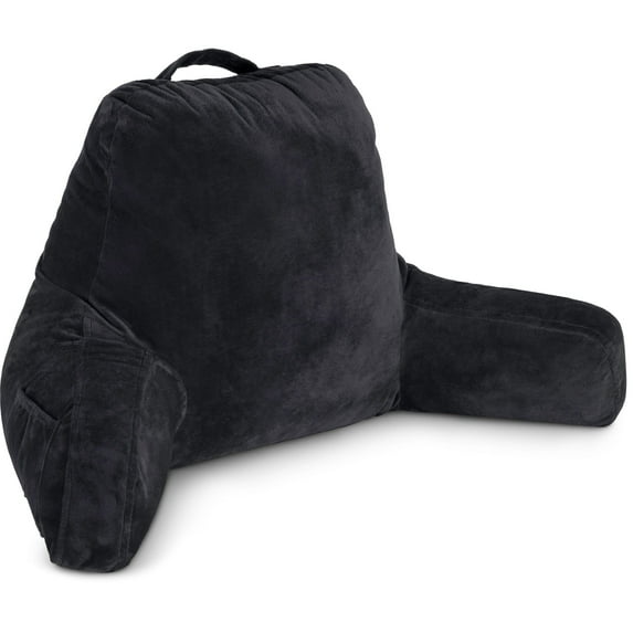 Husband Pillow Black, Standard+ Original Reading Pillow in Bed Rest Chair, Shredded Memory Foam Large Lounge Cushion Adult Backrest w/Arms, Comfy Back Support for Sit Sitting Up, Wash/ Removable Cover