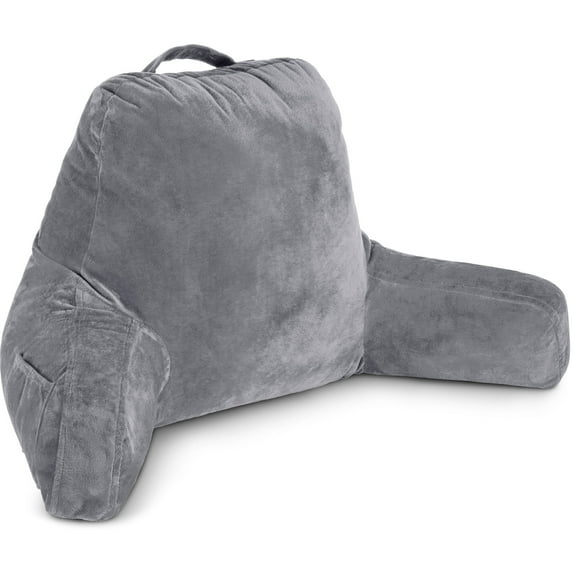 Husband Pillow Dark Grey, Standard+ Original Reading Pillow in Bed Rest Chair, Shredded Memory Foam Large Lounge Cushion Adult Backrest w/ Arms, Comfy Back Support for Sit Sitting Up, Removable Cover