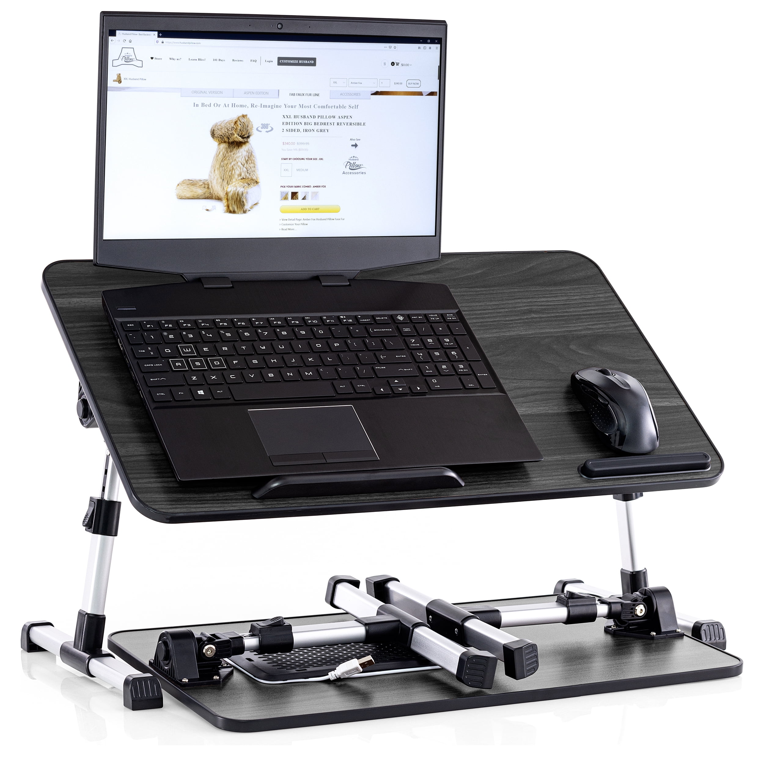 Husband Pillow - Lap Dark Grey Wood Small Top - Fits Up to 17" Laptop - with Dual Cushion, Wrist Rest & Built-in Mouse Pad, Portable Laptop Stand for Bed, Multifunctional Slot for Tablet, Pen & Phone