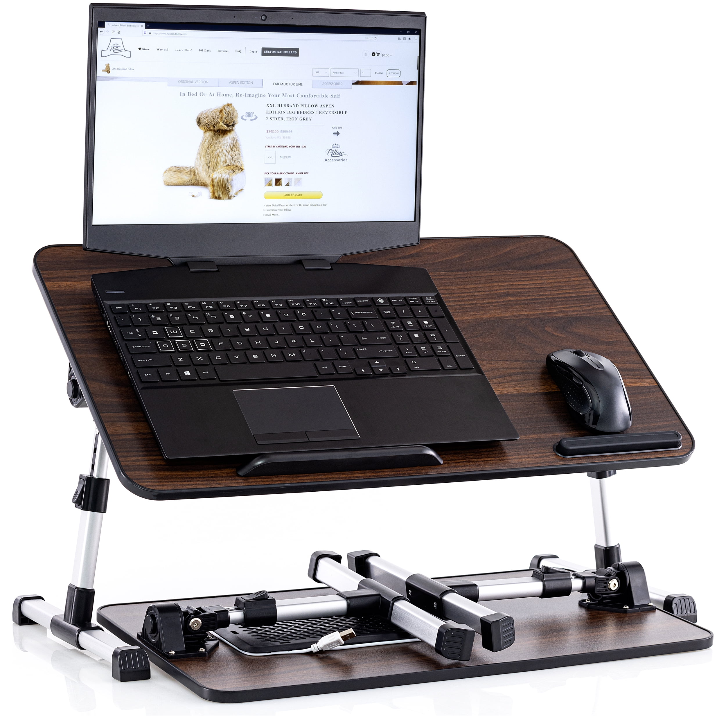 Husband Pillow - Lap Desk Brown Large Wood Top - Fits Up to 17" Laptop - with Dual Cushion, Wrist Rest & Built-in Mouse Pad, Portable Laptop Stand for Bed, Multifunctional Slot for Tablet, Pen & Phone