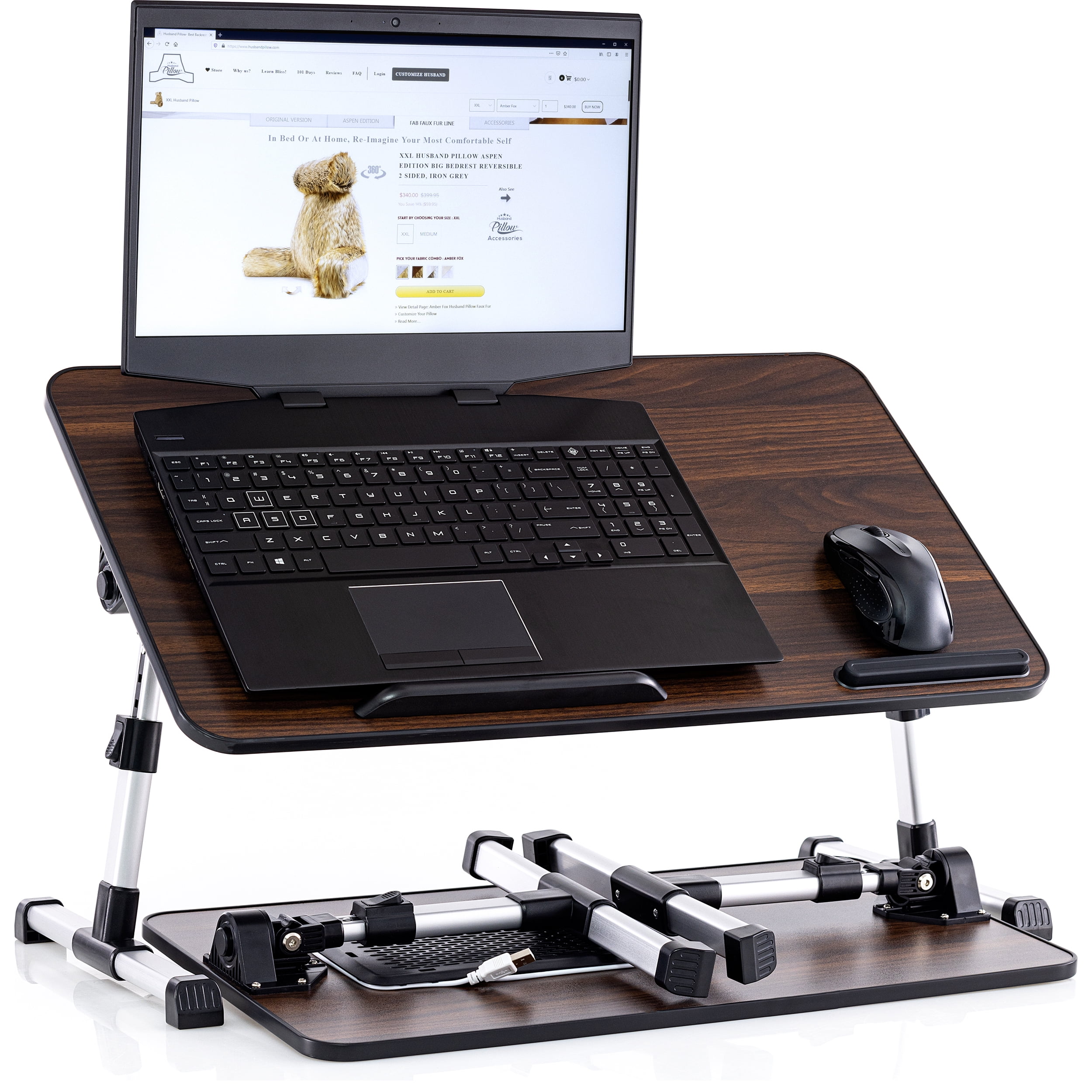 Husband Pillow - Lap Desk Brown Wood Small Top - Fits Up to 17" Laptop - with Dual Cushion, Wrist Rest & Built-in Mouse Pad, Portable Laptop Stand for Bed, Multifunctional Slot for Tablet, Pen & Phone