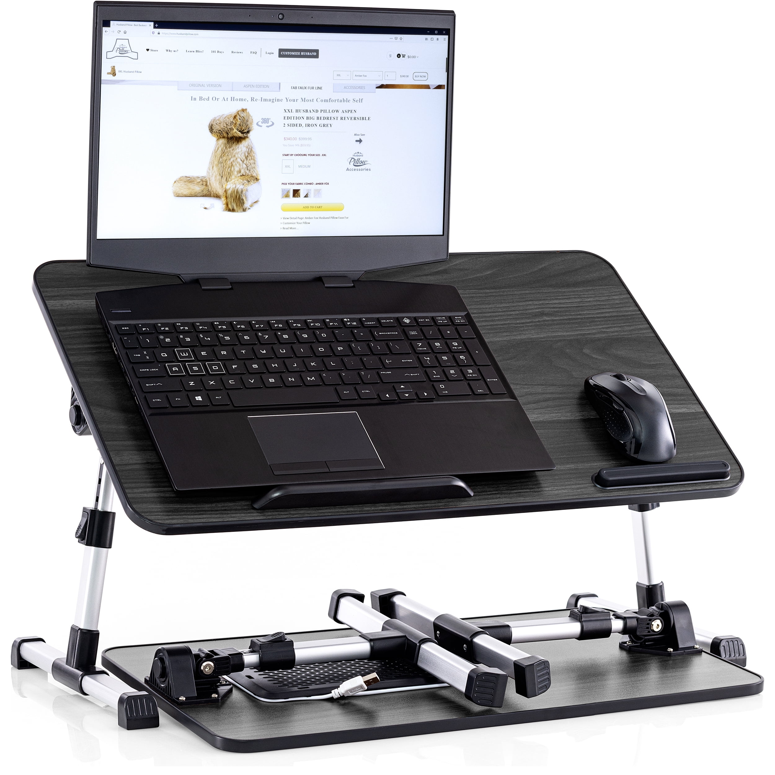 Husband Pillow - Lap Desk Grey Large Wood Top - Fits Up to 17" Laptop - with Dual Cushion, Wrist Rest & Built-in Mouse Pad, Portable Laptop Stand for Bed, Multifunctional Slot for Tablet, Pen & Phone