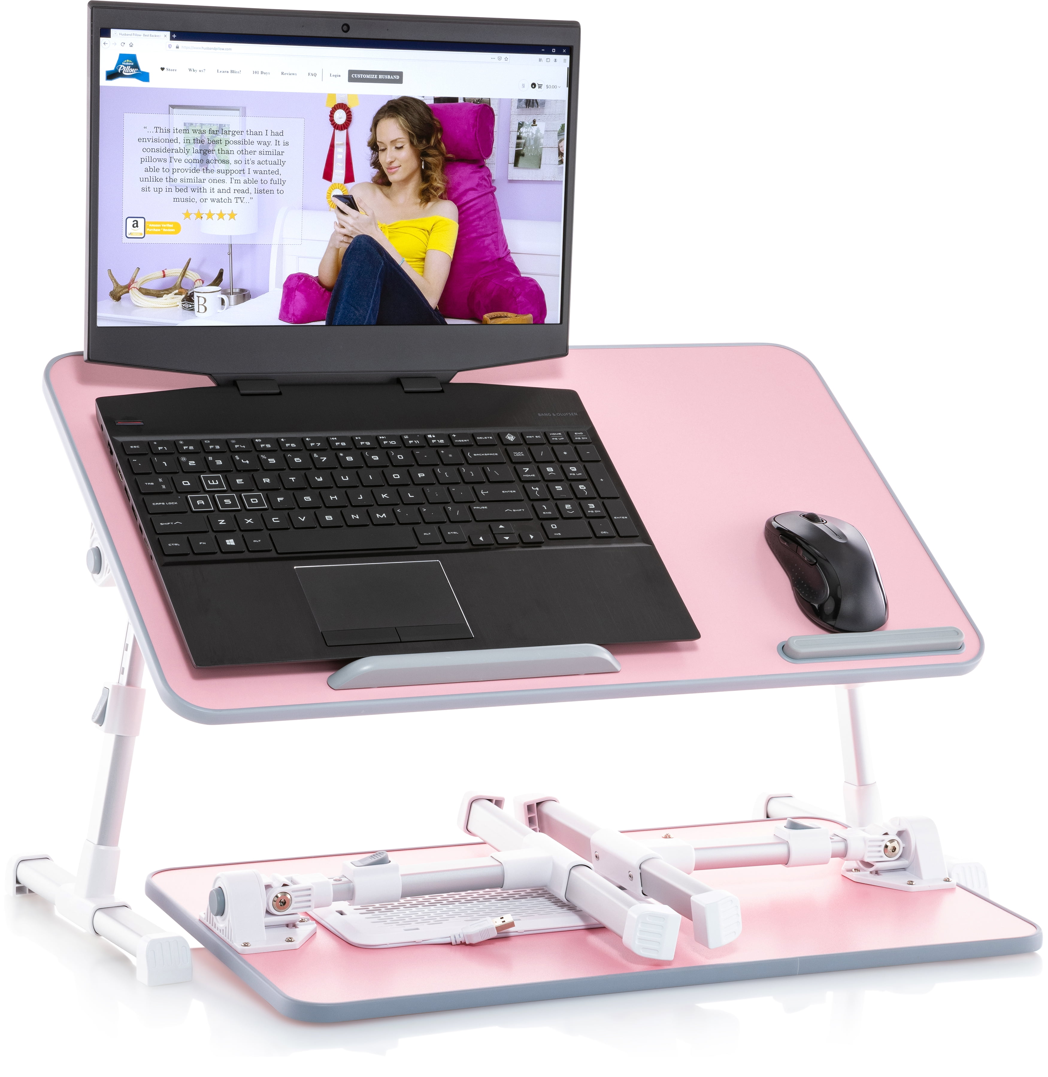 Husband Pillow - Lap Desk Pink Wood Small Top - Fits Up to 17" Laptop - with Dual Cushion, Wrist Rest & Built-in Mouse Pad, Portable Laptop Stand for Bed, Multifunctional Slot for Tablet, Pen & Phone