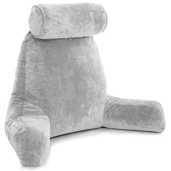Husband Pillow - Light Gray Bed Rest Pillow with Arms, Detachable Neck Roll, Removable Cover