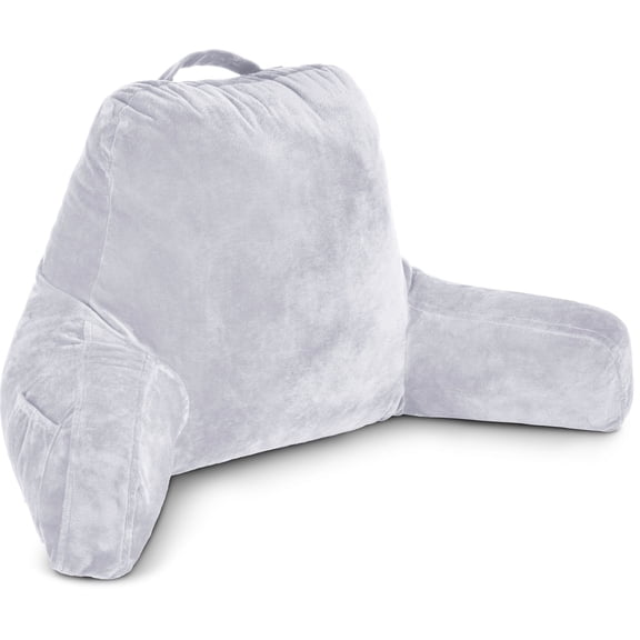 Husband Pillow Light Grey, Original Reading Pillow in Bed Rest Chair, Shredded Memory Foam Large Lounge Cushion Adult Backrest with Arms, Comfy Back Support for Sit Sitting Up, Wash/ Removable Cover