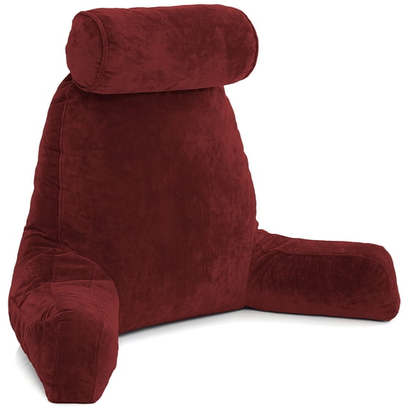 Husband Pillow - Maroon Big Reading & Bed Rest Pillow with Arms - Sit Up Tall with Premium Shredded Memory Foam, Detachable Neck Roll, Removable Plush Covers & Zipper Shell for Adjustable Loft