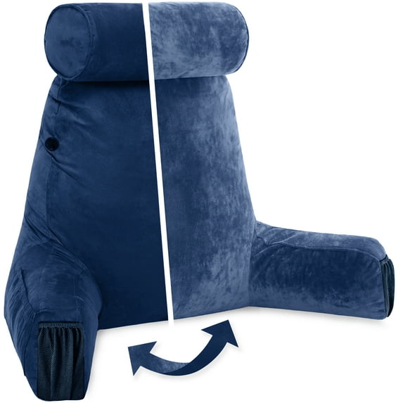 Husband Pillow Medium Aspen Edition Dark Blue, Sit Up Reading & Bed Rest with Arms, Ultra-Comfy, Detach Neck Roll - Premium Shredded Memory Foam Backrest, Reverses to Micro: Suede or Plush