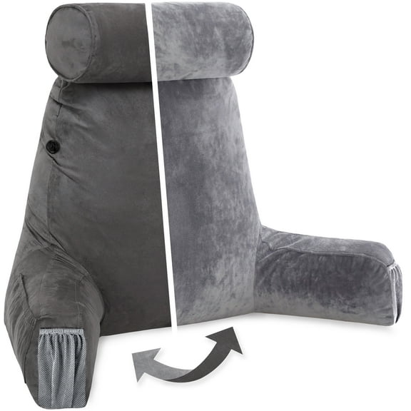 Husband Pillow Medium Aspen Edition Iron Grey, Sit Up Reading & Bed Rest with Arms, Ultra-Comfy, Detach Neck Roll - Premium Shredded Memory Foam Backrest, Reverses to Micro: Suede or Plush