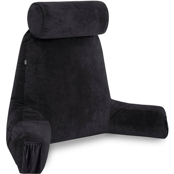 Husband Pillow Medium Black, Backrest for Kids, Teens, Petite Adults - Reading Pillows With Arms, Adjustable Loft, Plush Memory Foam, Bed Rest Chair for Sitting Up, Detach Neck Roll, Removable Cover