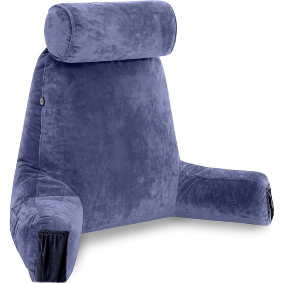 Husband Pillow Medium Dark Blue, Backrest for Kids, Teens, Petite Adults - Reading Pillows With Arms, Adjustable Loft, Plush Memory Foam, Bed Rest Chair Sitting Up, Detach Neck Roll, Removable Cover
