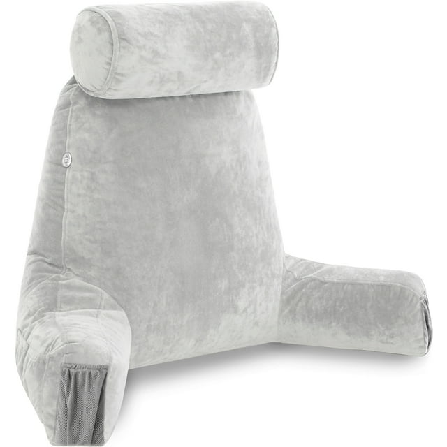 Husband Pillow Medium Light Grey, Backrest for Kids, Teens, Petite Adults - Reading Pillows With Arms, Adjustable Loft, Plush Memory Foam, Bed Rest Chair Sitting Up, Detach Neck Roll, Removable Cover