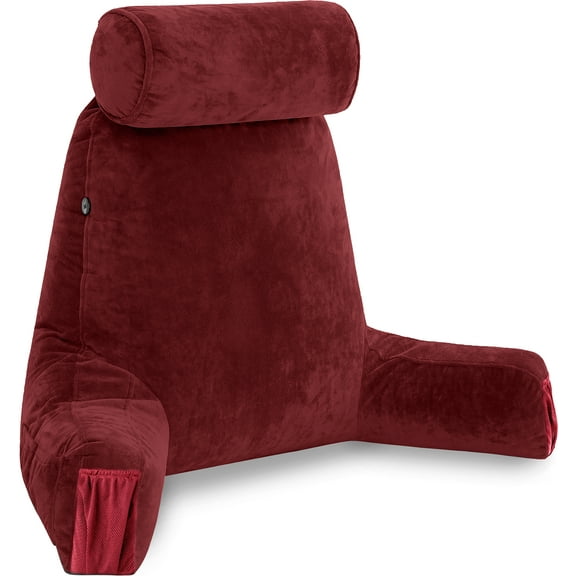 Husband Pillow Medium Maroon, Backrest for Kids, Teens, Petite Adults - Reading Pillows With Arms, Adjustable Loft, Plush Memory Foam, Bed Rest Chair for Sitting Up, Detach Neck Roll, Removable Cover