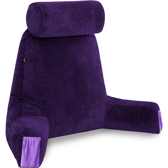 Husband Pillow Medium Purple, Backrest for Kids, Teens, Petite Adults - Reading Pillows With Arms, Adjustable Loft, Plush Memory Foam, Bed Rest Chair for Sitting Up, Detach Neck Roll, Removable Cover