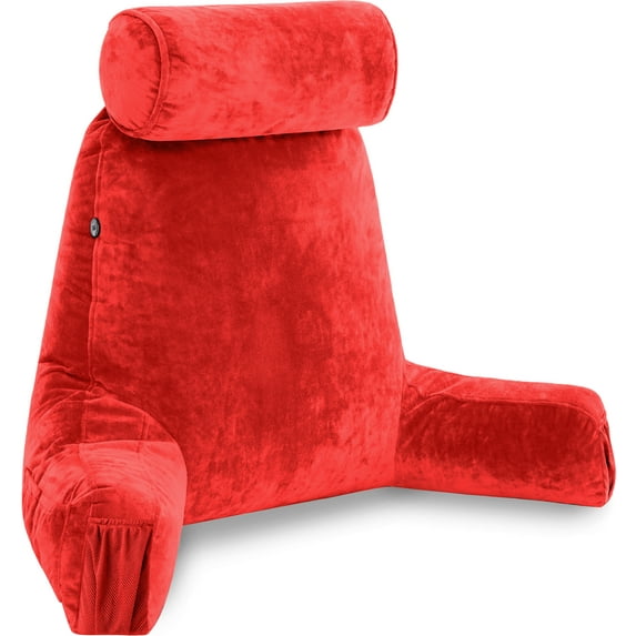 Husband Pillow Medium Red, Backrest for Kids, Teens, Petite Adults - Reading Pillows With Arms, Adjustable Loft, Plush Memory Foam, Bed Rest Chair for Sitting Up, Detach Neck Roll, Removable Cover
