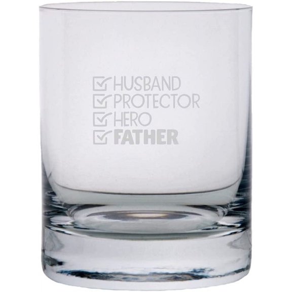 Husband Protector Hero FATHER Father's Day Etched 11oz Crystal Rocks Whisky Glass