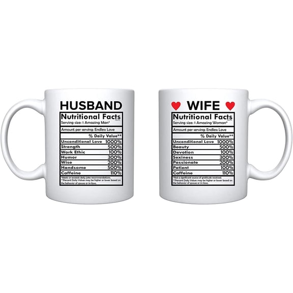 Husband Wife Nutritional Facts Couple White Ceramic Coffee Mug For Wedding Engagement Anniversary Husband And Wife & Valentines Day Gift (White 2 Mug)