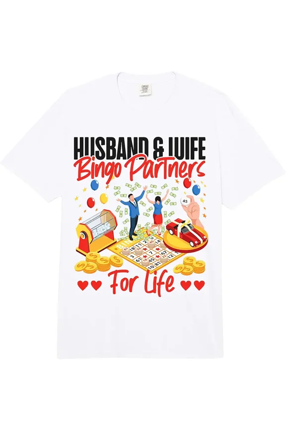 Husband and Wife Bingo Partners For Life Graphic T-Shirt, Couple Matching Bingo Night Tee, White Short Sleeve Cotton Top