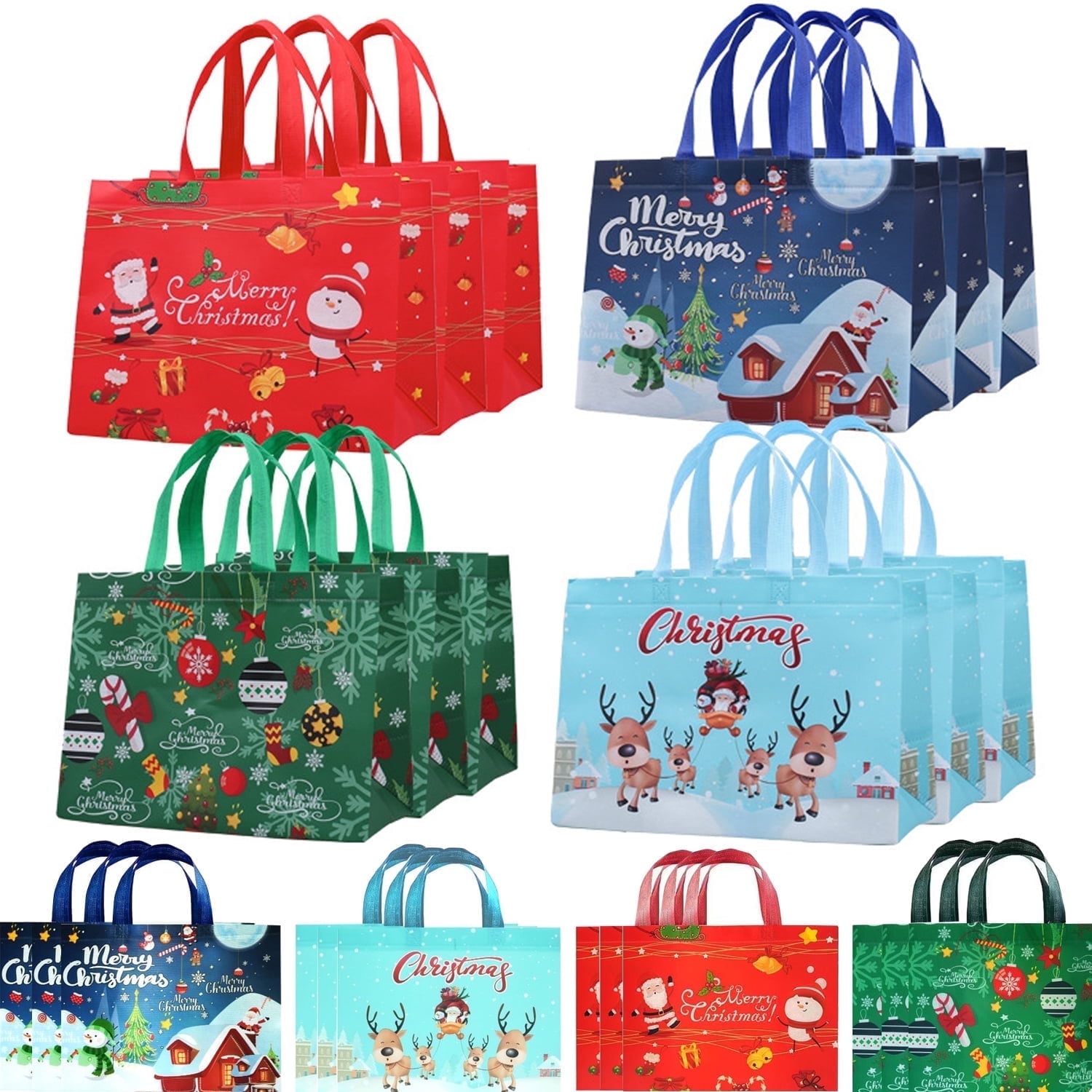 Fdyrgv 12 Pack Christmas Gift Bags Large Christmas Tote Bags with Handles, Reusable Gift Bag Non-Woven Christmas Bags for Gifts Wrapping Grocery Shopping, Xmas Party Supplies