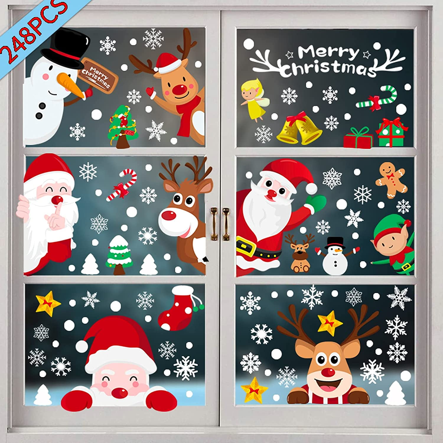 Husfou 248pcs Christmas Window Clings, 9 Sheets Snowflake Window Clings Christmas Decorations Window Stickers Decals for Xmas Winter Holiday Home Decor