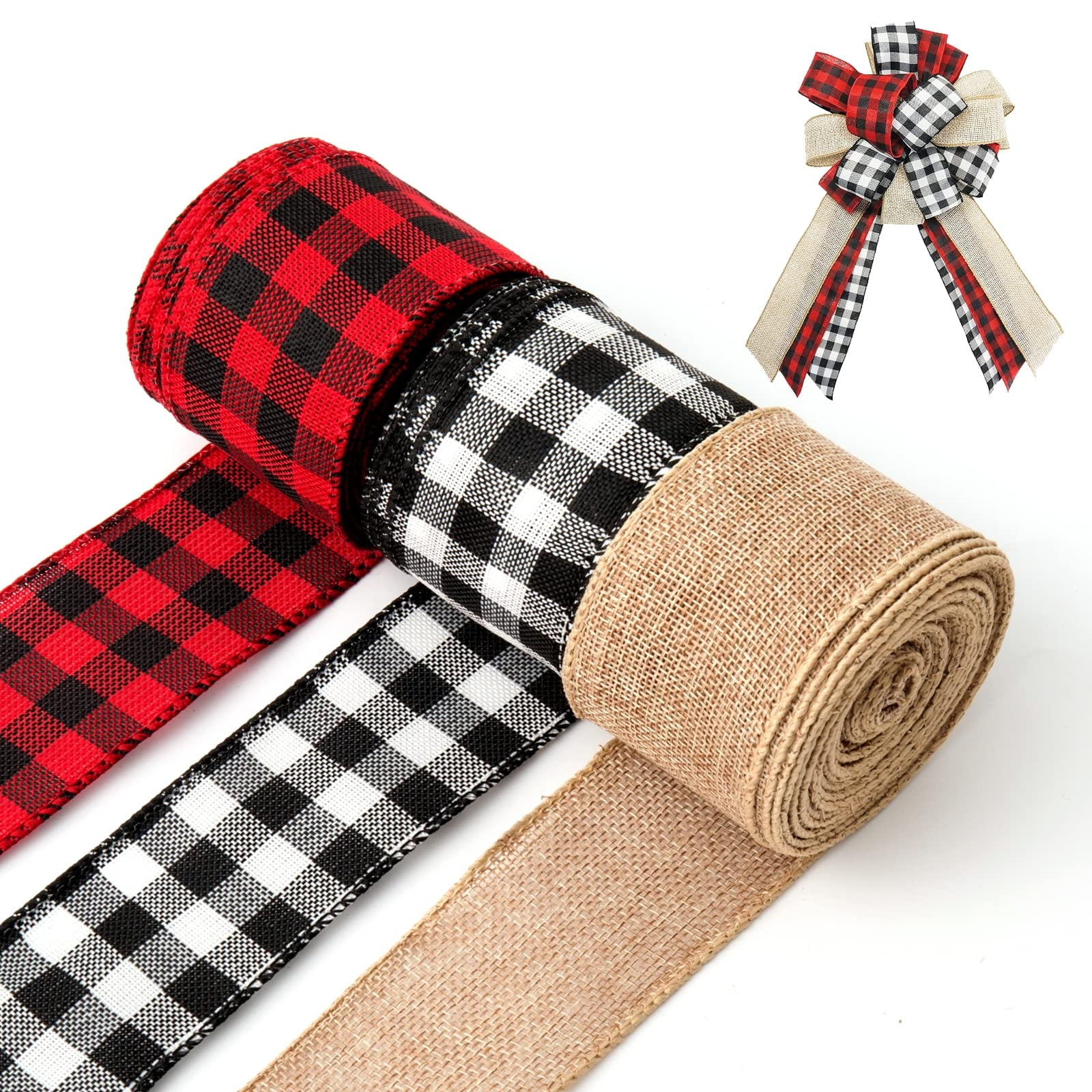 Husfou 3 Rolls Christmas Wired Ribbons, Buffalo Plaid Burlap Ribbon for Christmas Wreath Decorations DIY Gift Wrapping Floral Bows Craft Supplies, 2.5in x 10yd