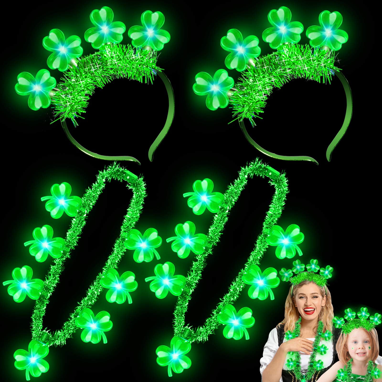 Husfou 4 Pack St. Patrick's Day LED Light up Shamrocks Tinsel Necklace Headband Saint Patrick's Accessories Party Favors Decorations Gifts