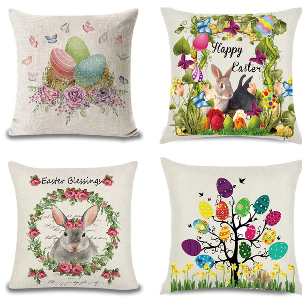 Husfou 4pcs Easter Pillow Covers Decorations Linen Throw Pillow Case