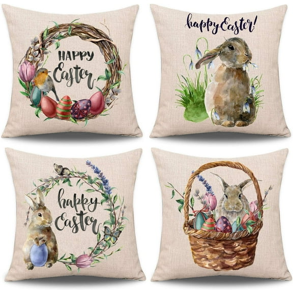 Husfou 4pcs Easter Pillow Covers Decorations Linen Throw Pillow Case for Couch Holiday Home Decor, 18x18 Inch