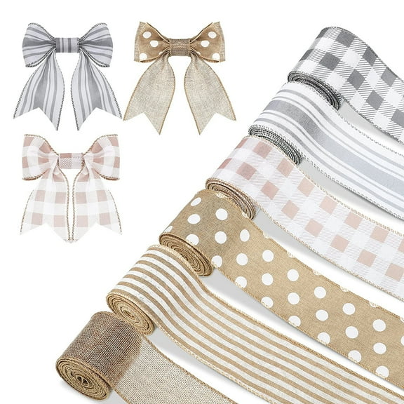 Husfou 6 Rolls 30 Yards Wired Edge Burlap Ribbons for Fall Thanksgiving, Farmhouse Buffalo Plaid Decorative Ribbon for Home DIY Wrapping Wreath Bow Craft Christmas Decor, 2.5 inch