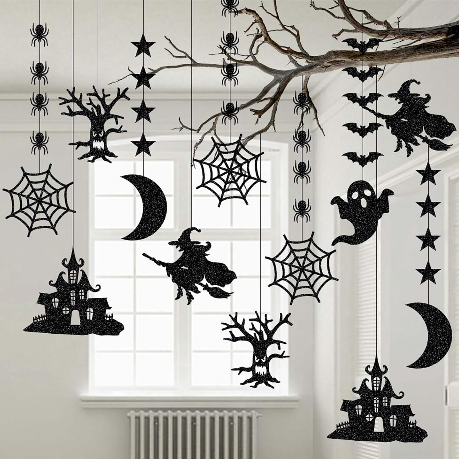 Husfou Black Halloween Hanging Banner Decorations, 12 Pack Bat Witch Spider Streamers Garland, Wall Decor Party Props for Halloween Indoor Party Supplies