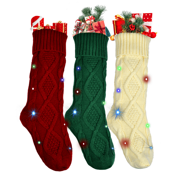 Husfou Christmas Knitted Stockings with Light, 3 Pack Large Cable Knitting Stocking Decorations for Family Holiday Xmas Party Deco