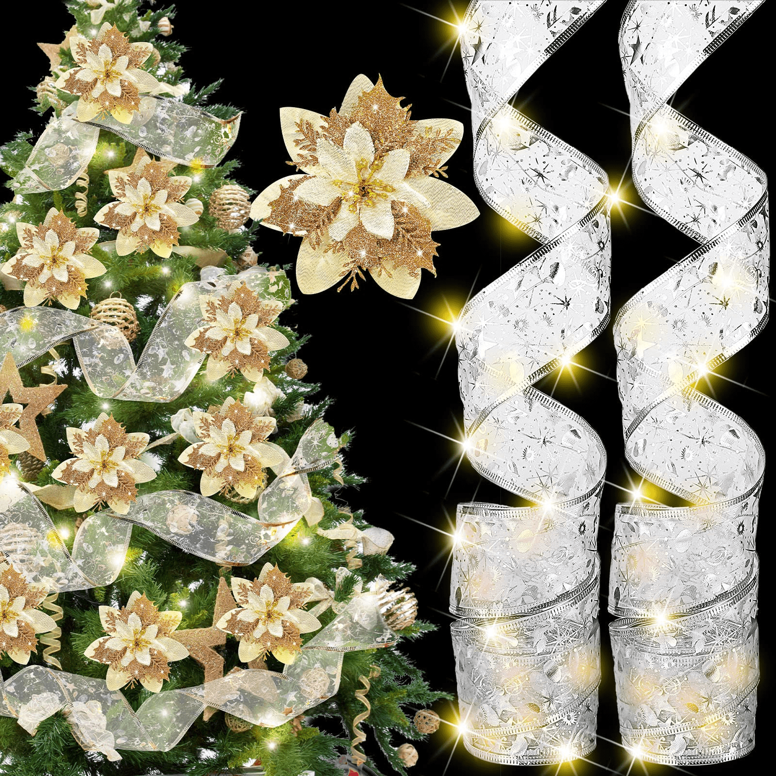 Christmas Flower Artificial Glitter Flowers With Pine Leaf 3 - Temu