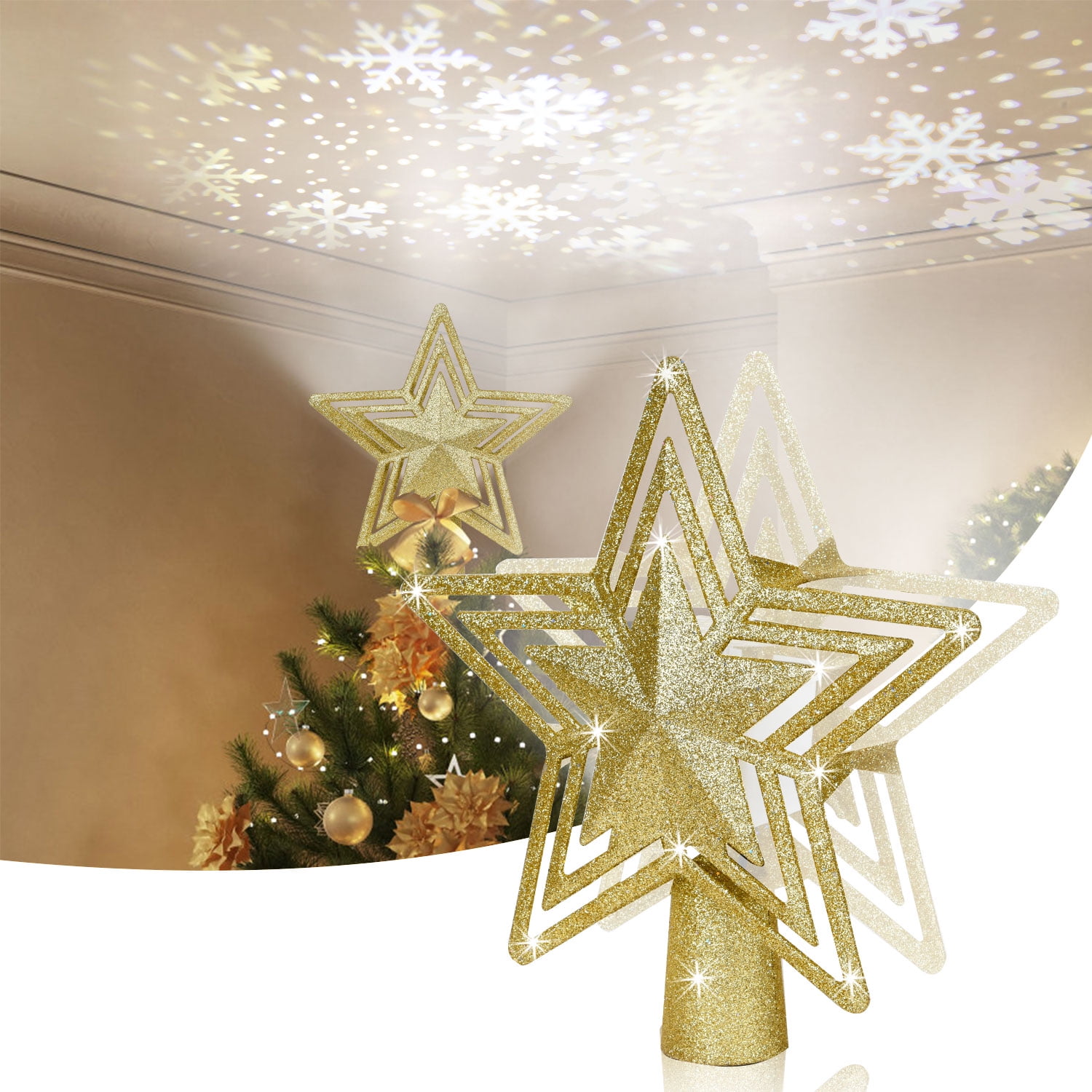 Vintage Glitter Star Tree Topper - Iron Christmas Tree Decor With Sparkle Finish