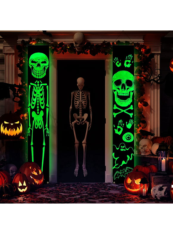 Husfou Halloween Decorations, Halloween Porch Banners Luminous Ghost Skeleton Hanging Flags Door Sign for Halloween Indoor Outdoor Porch Decor