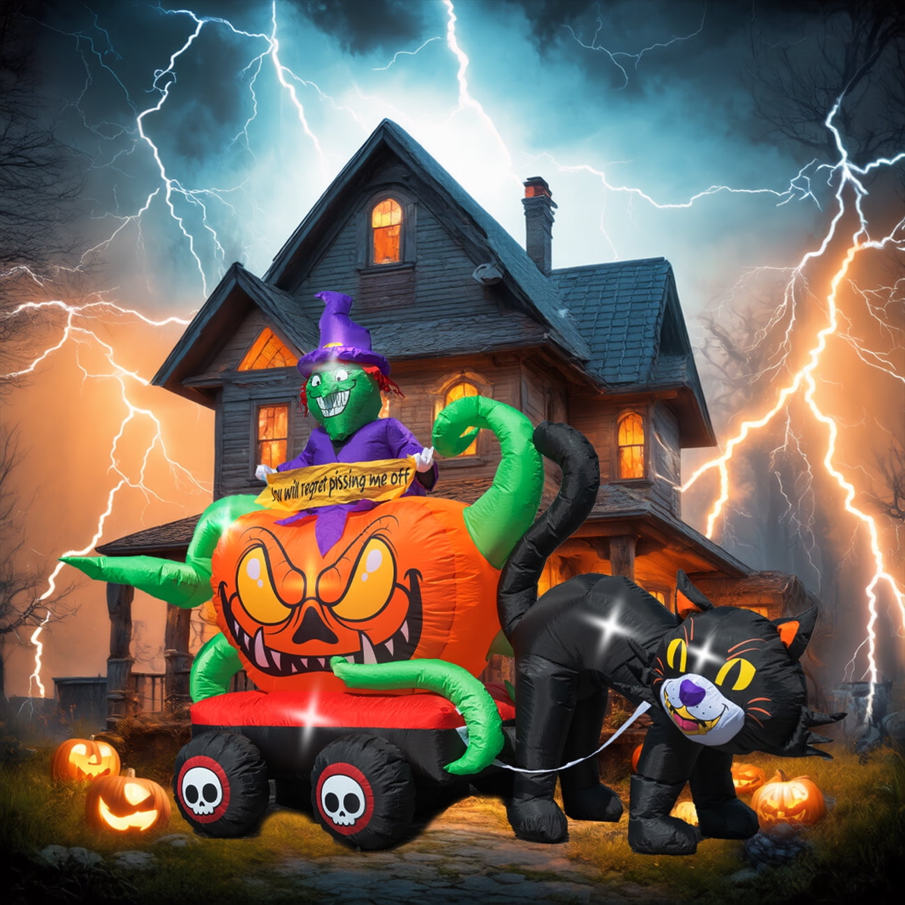 Husfou Halloween Inflatable Black Cat Pumpkin Witch on the Truck, Halloween Blow up Yard Decorations for Outdoor Garden Lawn Decor