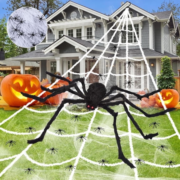 Coolmade 23 Ft Giant Spider Web with 59" Large Spider, Halloween Outdoor Yard Lawn Decor, Scary Haunted House Decoration for Indoor Home Party