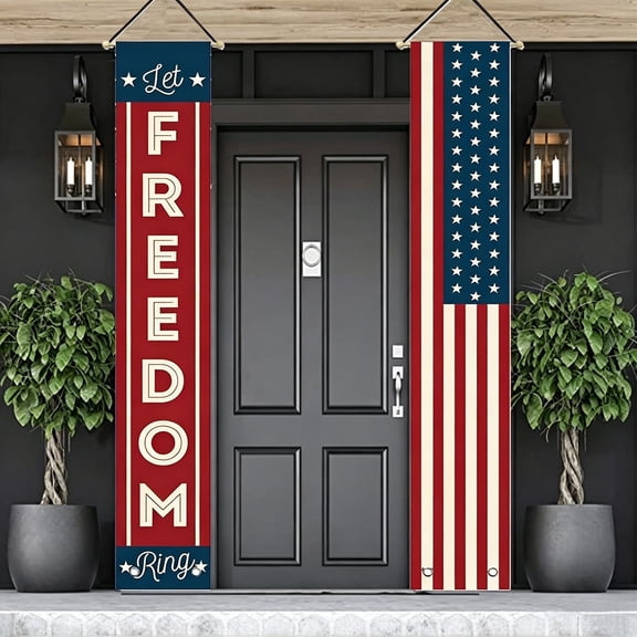 Coolmade 4th of July Patriotic Porch Banners, 2 Pack Let Freedom Ring American Flag Door Decorations, 12x71 Inch 250th Anniversary 1776-2026 Hanging Signs for Indoor Outdoor Memorial Day Veterans Day