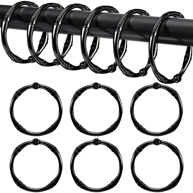 Husfou Shower Curtain Rings 12pcs Black Metal Rustproof Round Shower