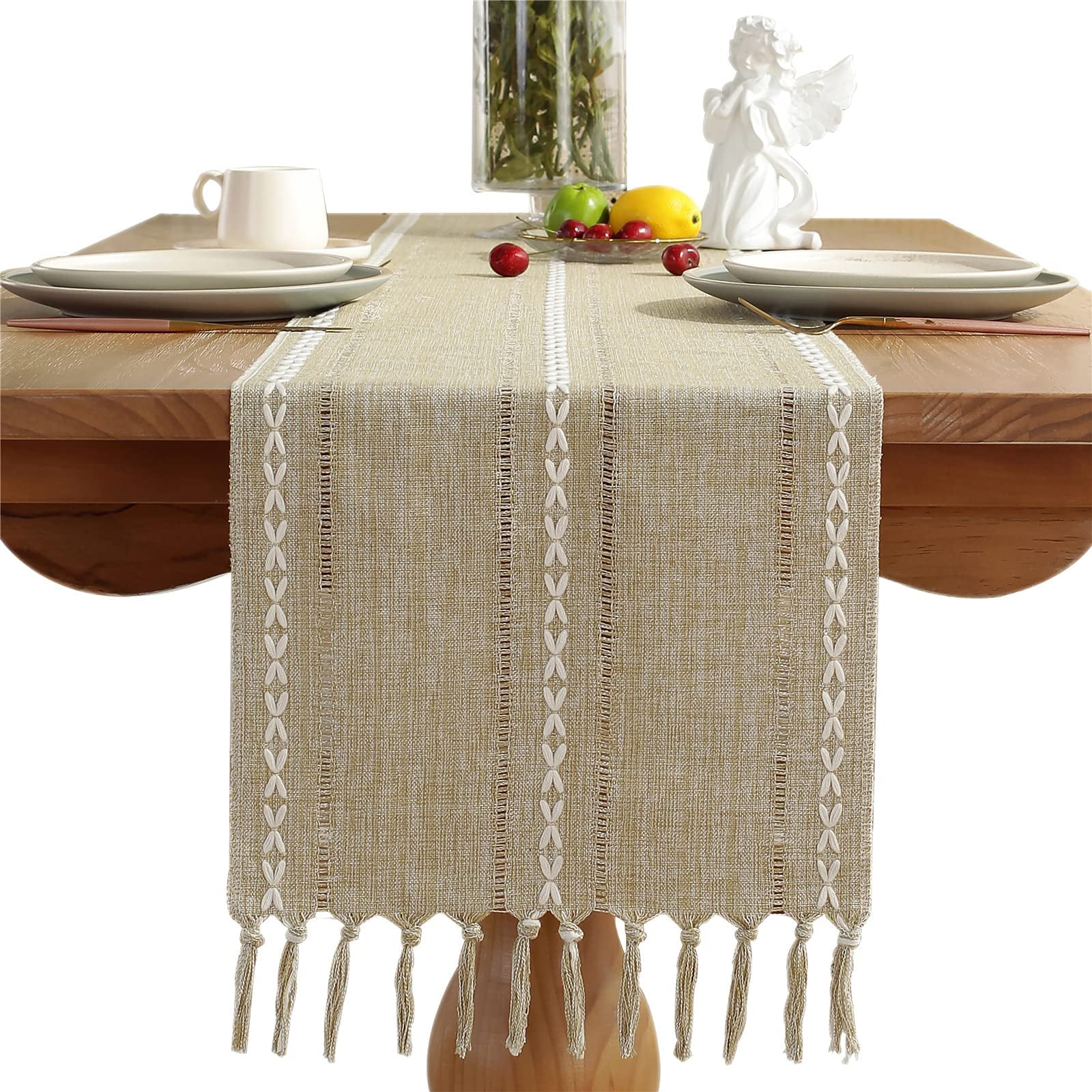 Husfou Table Runners with Tassels, 13x72in Woven Hollow Table Linens, Boho Linen Table Runner for Bohemian Wedding Bridal Shower Rustic Farmhouse