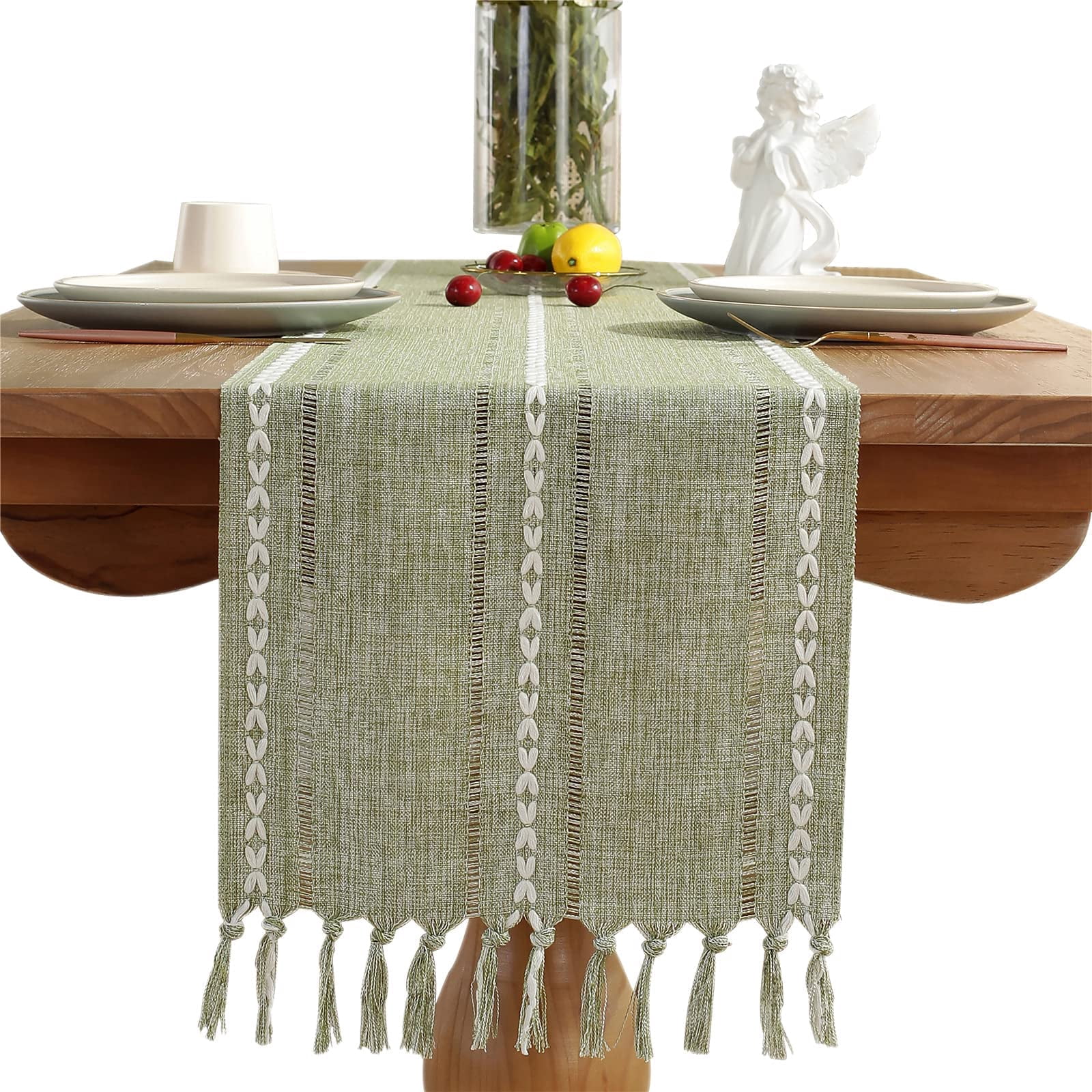 Husfou 13x72in Boho Linen Table Runner with Tassels, Woven Hollow for ...