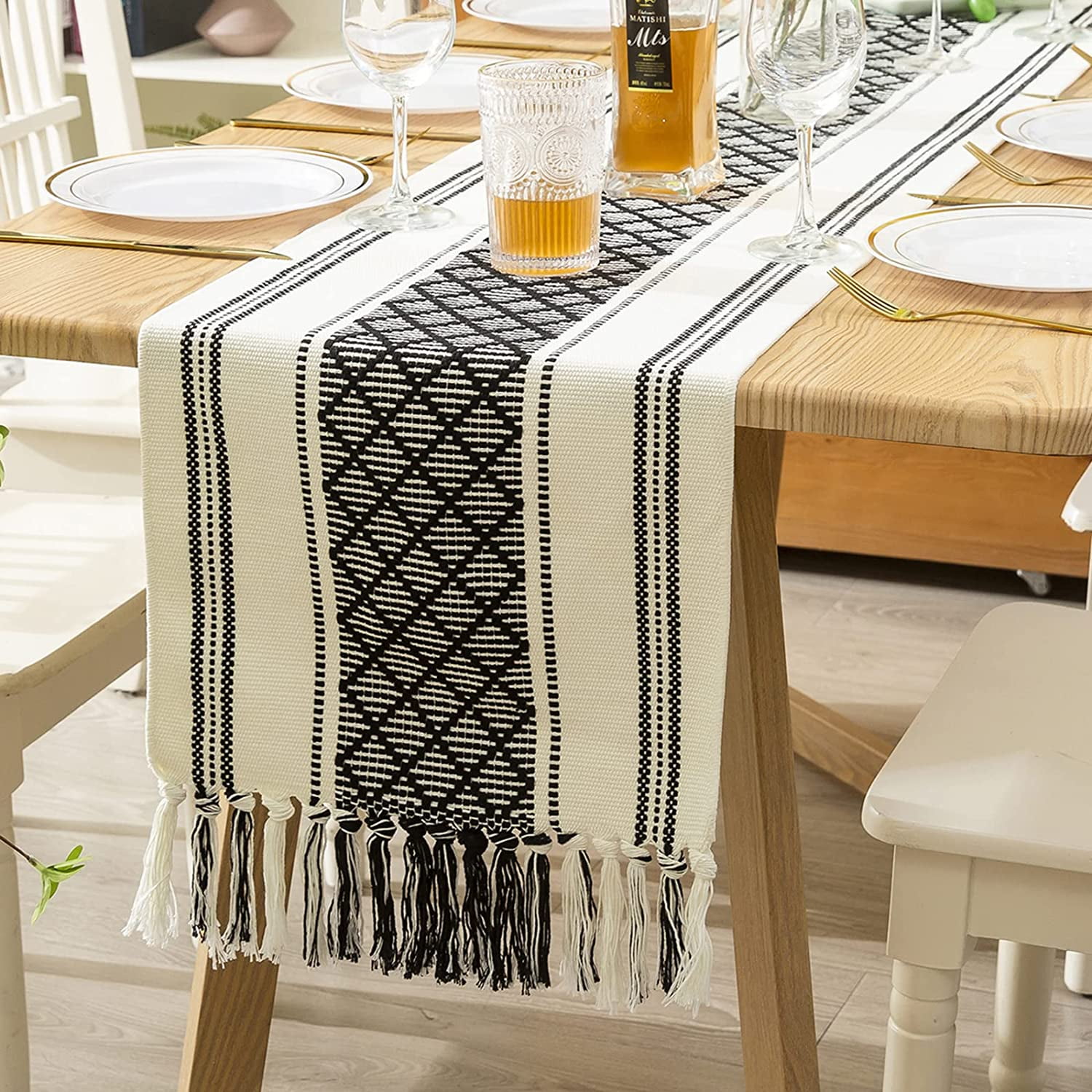 Oveesha Boho Dining Table Runner with Tassels 14 x 72 Inches, Black and Cream | Boho Dresser Scarf / Cotton Woven Console Table or Buffet Top Cover