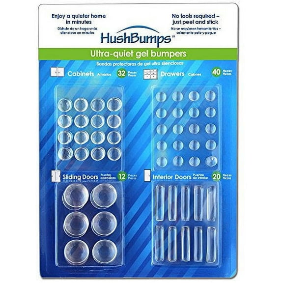 HushBumps Ultra-Quiet Gel Bumpers. 104 Piece Value Pack. Contains Cabinet Bumpers, Door Bumpers, Sliding Door Bumpers & Drawer Bumpers. Just Peel & Stick!