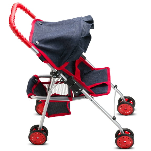 HushLily® - Foldable Baby Doll Stroller with Smooth Rolling Wheels with Adjustable Canopy & Basket - Denim Blue & Red