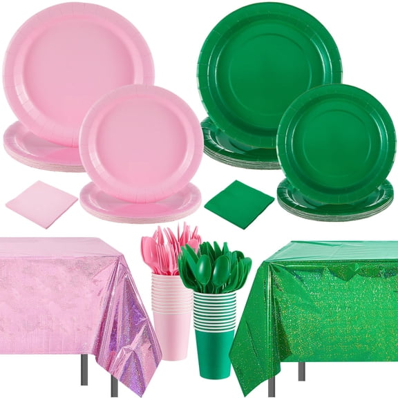 Hushee 170 Pcs Pink and Green Witch Party Decorations Witch Birthday Party Supplies Including Plates Tablecloth Cups Napkins Knives Forks Spoons for Birthday Favors, Serve 24 Guests(Solid) C113