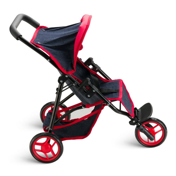 Hushlily® Baby Doll Jogger Stroller with Adjustable Canopy & Basket, Foldable, with Smooth Rolling Wheels (Denim Blue & Red)