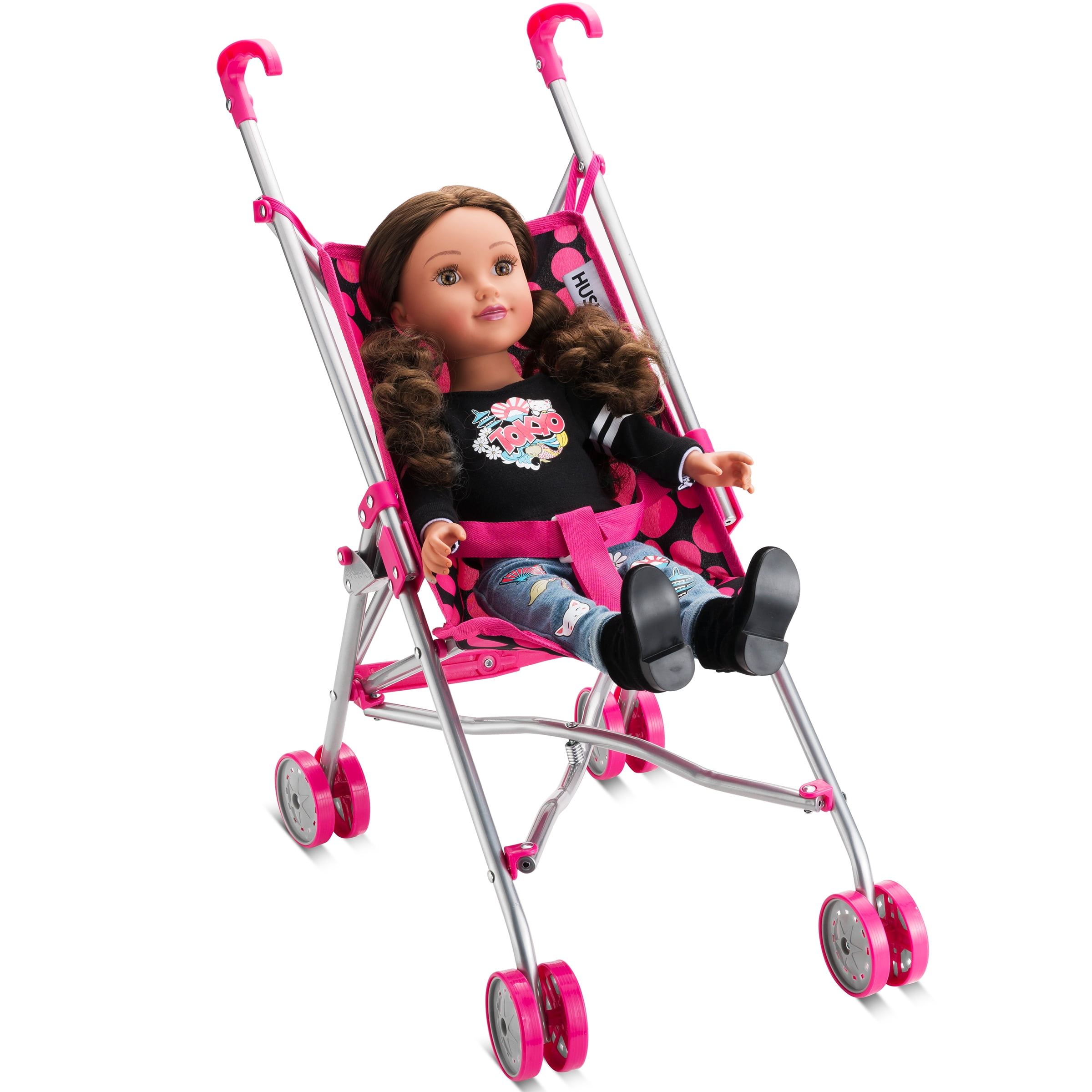 Hushlily - Baby Doll Stroller, Light Weight Foldable, with Smooth Rolling Wheels - (Pink & Black Polka Dots)