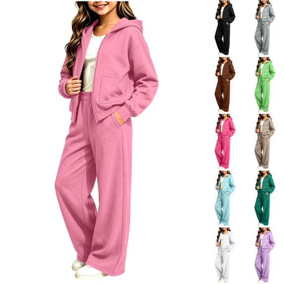 Husipze 2 Piece Sweatsuit for Girls Fleece Zip Relaxed Fit Hoodie Sweatshirt Oversized Wide Leg Elastic Waist Sweatpants Outfits Pink 9-10 Years
