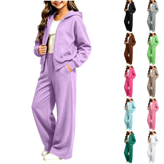 Husipze 2 Piece Sweatsuit for Girls Fleece Zip Relaxed Fit Hoodie Sweatshirt Oversized Wide Leg Elastic Waist Sweatpants Outfits Purple 11-12 Years