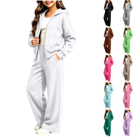 Husipze 2 Piece Sweatsuit for Girls Fleece Zip Relaxed Fit Hoodie Sweatshirt Oversized Wide Leg Elastic Waist Sweatpants Outfits White 11-12 Years