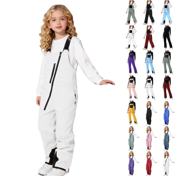 Husipze Adjustable Snowboard Bibs Pant for Kids Toddler Ski Full Pants Insulated Ski Suit Winter Overalls with Diagonal Zipper White 4 Years
